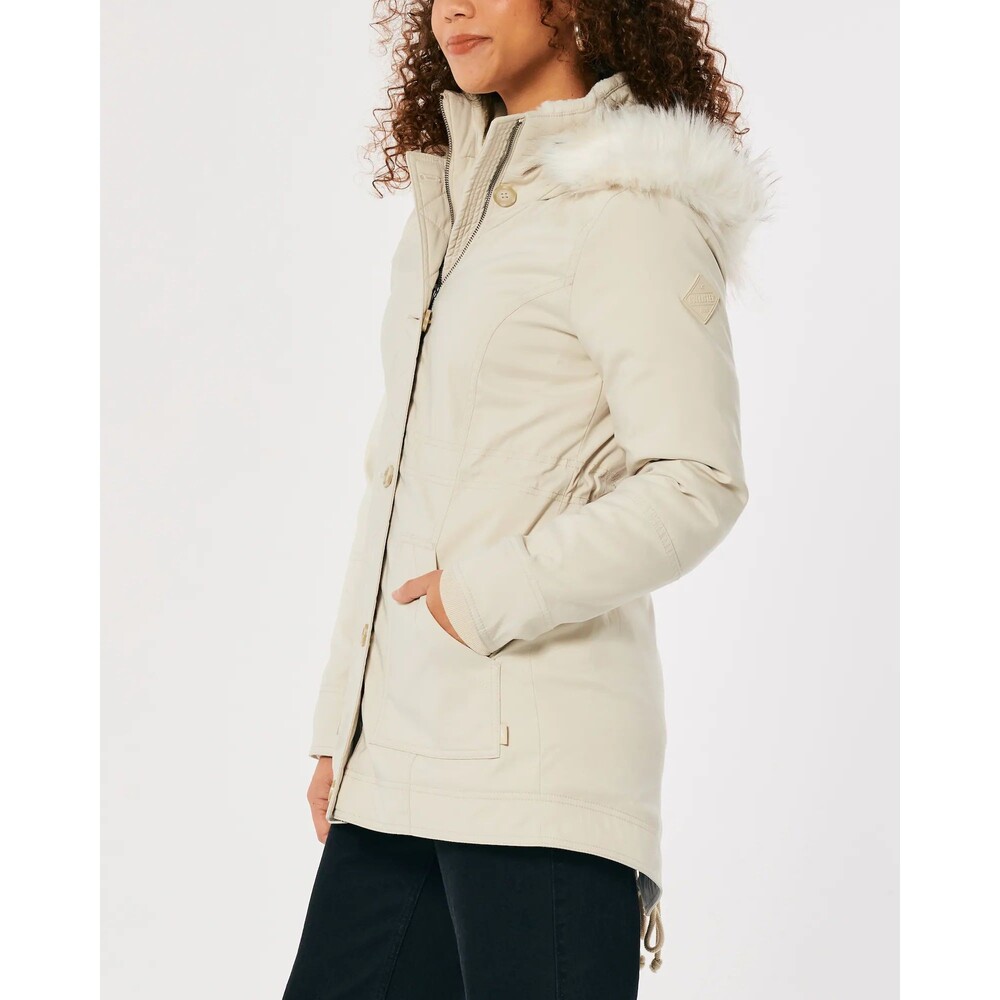 Hollister Women’s Cream Faux Fur Hooded Sherpa Lined Parka Small NWOT